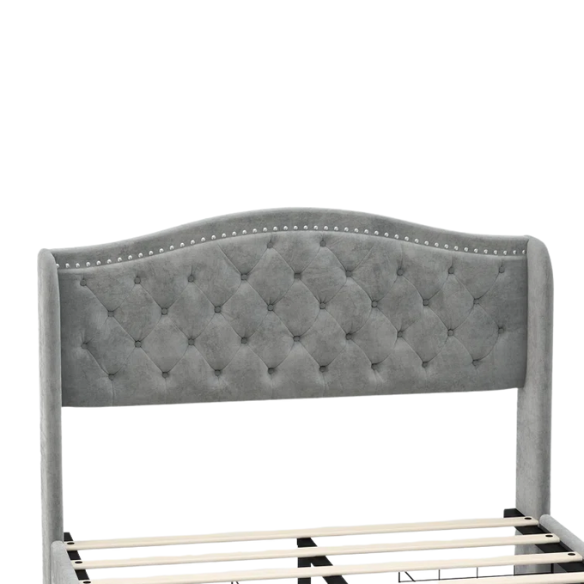 Luxurious King Size Velvet Upholstered Platform Bed with Tufted Camelback Headboard, Nailhead Trim, and 4 Built-In Storage Drawers – Stylish and Functional Bedroom Upgrade