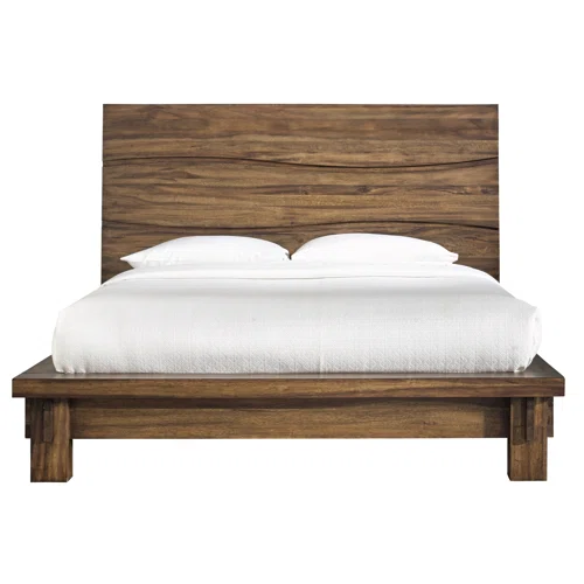 Boho-Inspired Configurable Bedroom Set with Bold Design, Solid Wood Construction, and Wavy Accents - Includes Platform Bed, Nightstand, and 6-Drawer Dresser in Rich Brown Finish