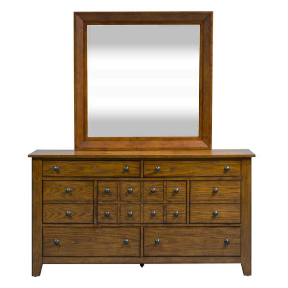 Rustic American Elegance: Sleigh Bed, Dresser & Mirror, Chest – Crafted with Rubberwood Solids & Oak Veneers, Featuring Antique Brass Hardware, Dovetail Construction, and Ample Storage for a Timeless, Durable Bedroom Collection