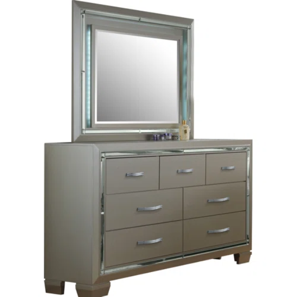Elegant Glamour: 5-Piece Bedroom Set with Lustrous Platinum Dresser, Crystal and Chrome Handles – A Stunning, Star-Quality Collection to Elevate Your Bedroom Décor