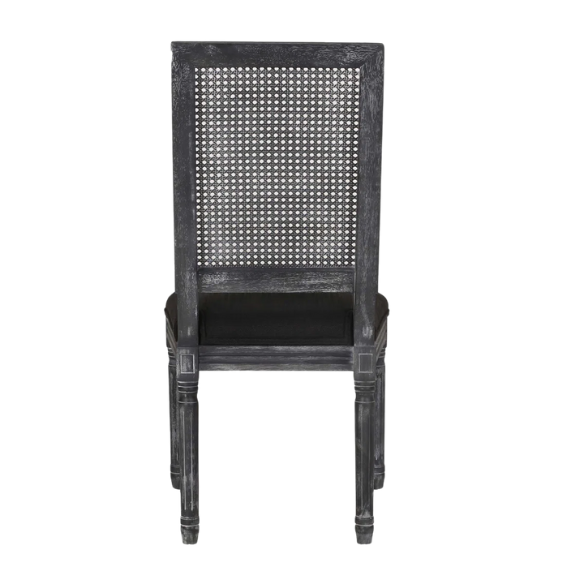 French Country Wood and Cane Upholstered Dining Chairs – Weathered Rubberwood Frame with Fluted Legs & Rectangular Cane Backrest