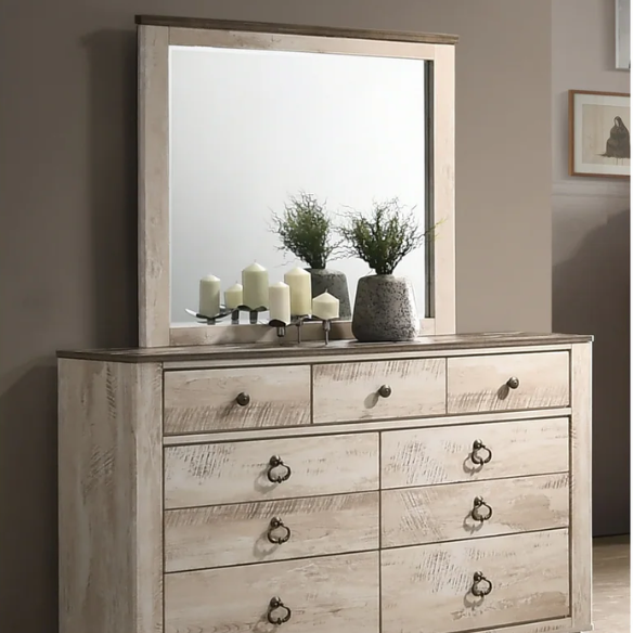 Charming 6-Piece White Wash Finish Bedroom Set with Sleigh Bed, Dresser, Mirror, Nightstands, and Chest – Antique Bronze Accents and Rustic Elegance