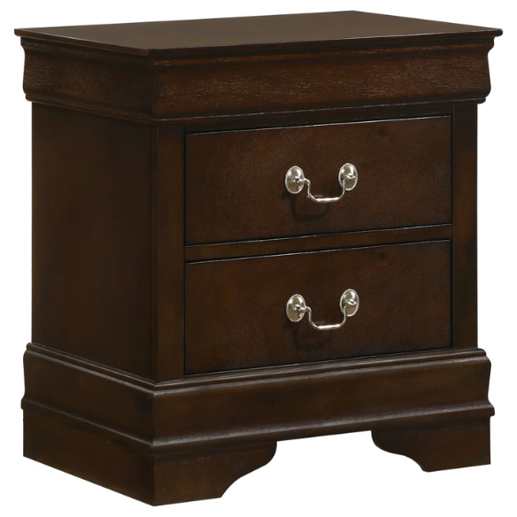 5-Piece Bedroom Set – Traditional Style with Flared Headboard, Dovetail Construction, Silver Bail Handles, and Spacious Storage – Crafted from Select Hardwoods and Veneers in a Warm Cappuccino Finish – Includes Bed, Nightstand, Dresser, Chest, and Mirror