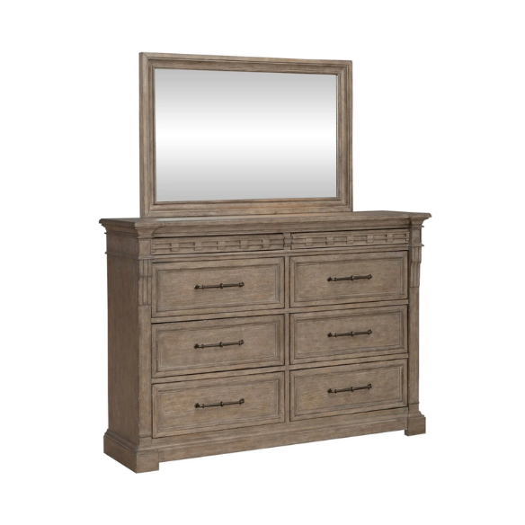 Timeless Elegance Barrigan 6-Piece King Panel Bed, Dresser, Mirror, Chest & Nightstand Set – Dusty Taupe Finish, Burnished Brass Accents, Full Extension Drawers, Cedar & Felt-Lined Drawers, Decorative Fretwork, and Built-in Charging Station