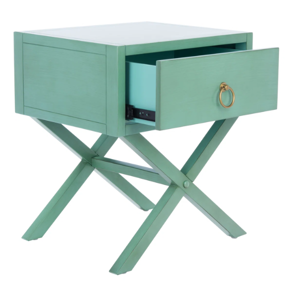 1-Drawer Nightstand – Classic Campaign Style with Contemporary Chic, Acacia Wood Frame, Cross-Base Design, Bold Finish, Gold Drawer Pull, Perfect for Modern Bedrooms