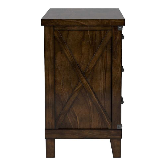 Rustic Dark Walnut 2-Piece King Size Panel Bed and Nightstand Set with X-Shape Accents and Metal Corners