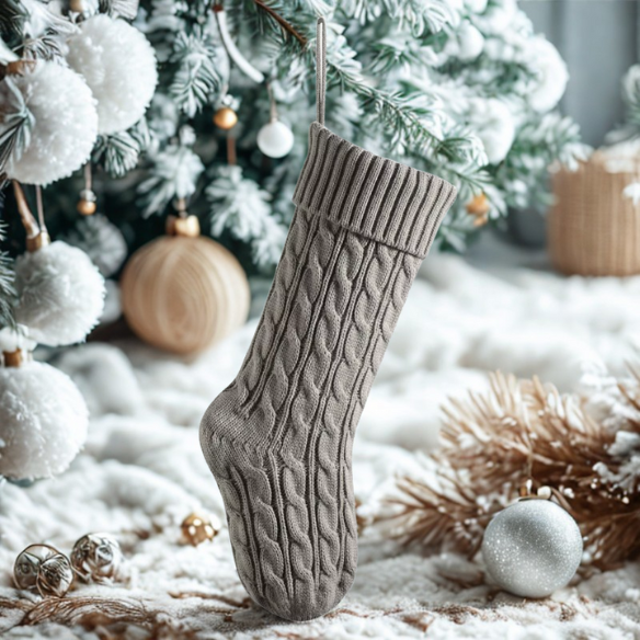 Grey Knitted Christmas Stocking – Cable Knit Holiday Gift Bag with Soft Lining