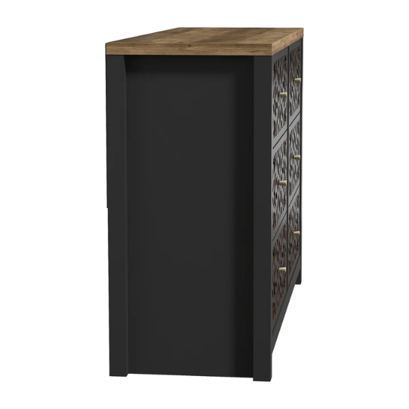 Boho-Inspired 45.4" 6-Drawer Dresser with Distressed Finish and Openwork Floral Details