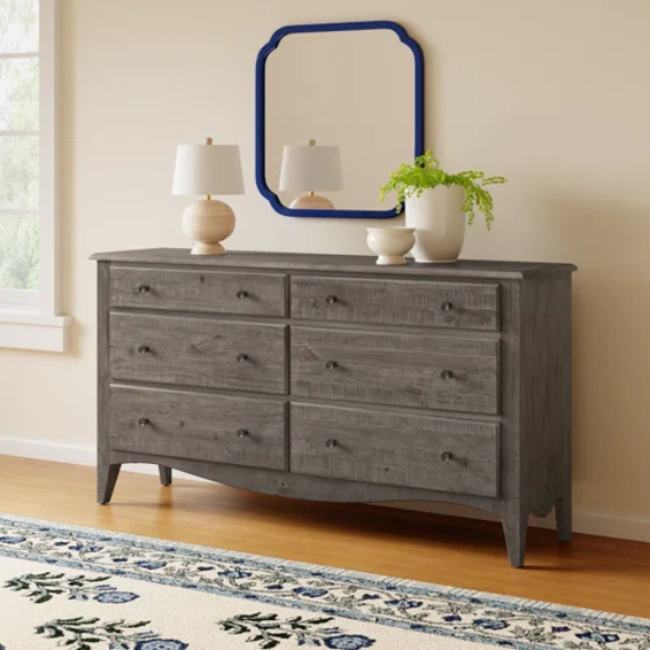 Rustic Charm Meets Chic Elegance: Solid Wood Platform King Size Bedroom Set with Scalloped Edges, Weathered White Wash Finish, Unique Grain Patterns, Angled Feet, and Oil-Rubbed Bronze Drawer Pulls