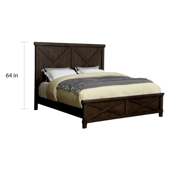 Rustic Dark Walnut 2-Piece King Size Panel Bed and Nightstand Set with X-Shape Accents and Metal Corners