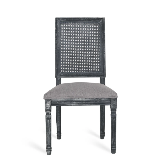 French Country Wood and Cane Upholstered Dining Chairs – Weathered Rubberwood Frame with Fluted Legs & Rectangular Cane Backrest