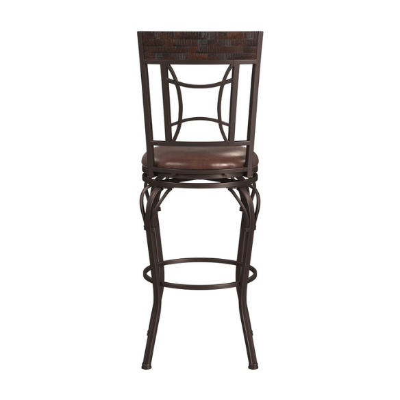 Metal Swivel Stool – Dark Chestnut Finish with Distressed Wood Rail, Geometric Back Design, Antique Brown Faux Leather Seat, 360° Swivel, Counter & Bar Height Options