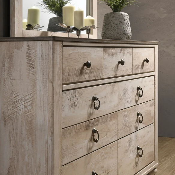 Charming 6-Piece White Wash Finish Bedroom Set with Sleigh Bed, Dresser, Mirror, Nightstands, and Chest – Antique Bronze Accents and Rustic Elegance