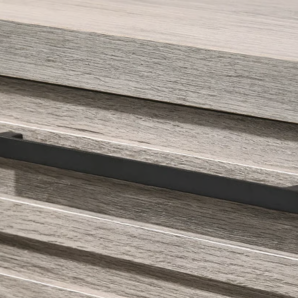 Upholstered 5-Piece Bedroom Set with Weathered Gray Finish, LED Piers, and Functional Storage