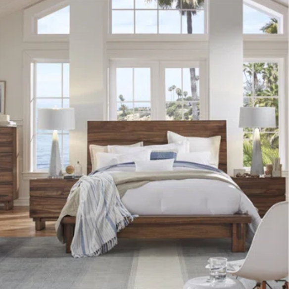 Boho-Inspired Configurable Bedroom Set with Bold Design, Solid Wood Construction, and Wavy Accents - Includes Platform Bed, Nightstand, and 6-Drawer Dresser in Rich Brown Finish