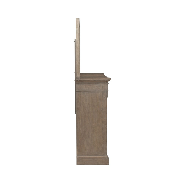 Timeless Elegance Barrigan 6-Piece King Panel Bed, Dresser, Mirror, Chest & Nightstand Set – Dusty Taupe Finish, Burnished Brass Accents, Full Extension Drawers, Cedar & Felt-Lined Drawers, Decorative Fretwork, and Built-in Charging Station