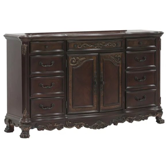 4-Piece Configurable Bedroom Set with Solid Cherry Wood Construction, Antique Walnut Veneer, Crown Molding, Carved Claw Feet, and Ample Storage - Includes Bed, Dresser, Nightstand, and Matching Mirror