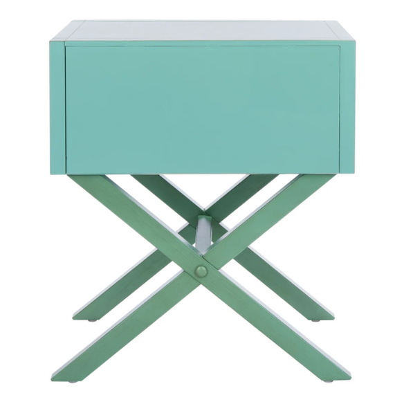 1-Drawer Nightstand – Classic Campaign Style with Contemporary Chic, Acacia Wood Frame, Cross-Base Design, Bold Finish, Gold Drawer Pull, Perfect for Modern Bedrooms