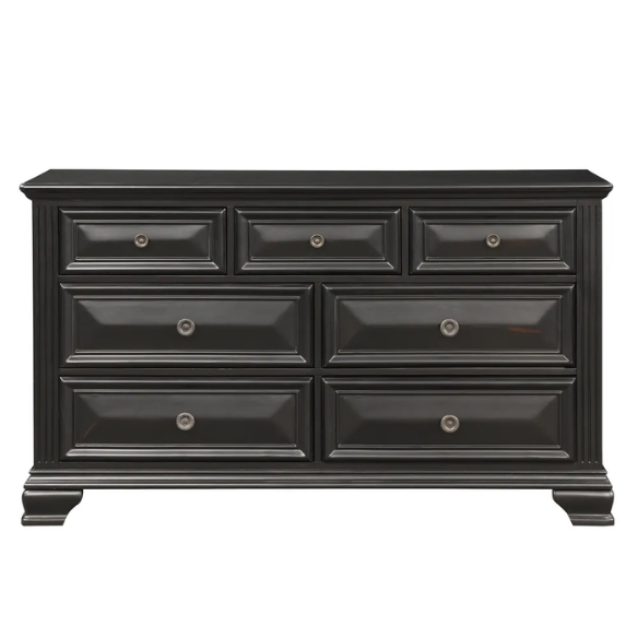 4-Piece Vintage Black Wood Panel Bedroom Set with Distressed Parchment Finish – Traditional Elegance with Silver Accents, Beveled Drawer Fronts, and Brass Rosette Knob Hardware