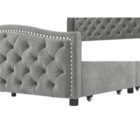 Luxurious King Size Velvet Upholstered Platform Bed with Tufted Camelback Headboard, Nailhead Trim, and 4 Built-In Storage Drawers – Stylish and Functional Bedroom Upgrade