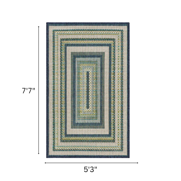 Coastal-Inspired Geometric Rug – Fade & Stain-Resistant,Ivory,Green,Blue Pattern, Ideal for Indoor/Outdoor Use