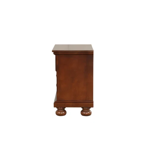 Cherry Brown King Size Platform Bedroom Set with Real Wood Veneers, Full Extension Footboard Storage Drawers, and Matching Large-Scale Dressers, Nightstands, and Mirror