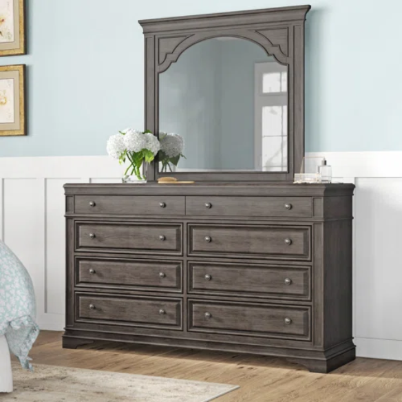 Rustic Driftwood Grey King 5-Piece Bedroom Set – Upholstered Tufted Bed, Nightstand, Dresser with Mirror, and Chest