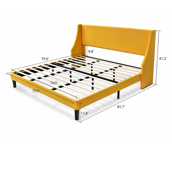 Luxurious King Size Upholstered Platform Bed with Deluxe Wingback Headboard – Soft Velvet and Linen Blend Upholstery, Sturdy Solid Wood Frame, and Modern Minimalist Design for Ultimate Comfort