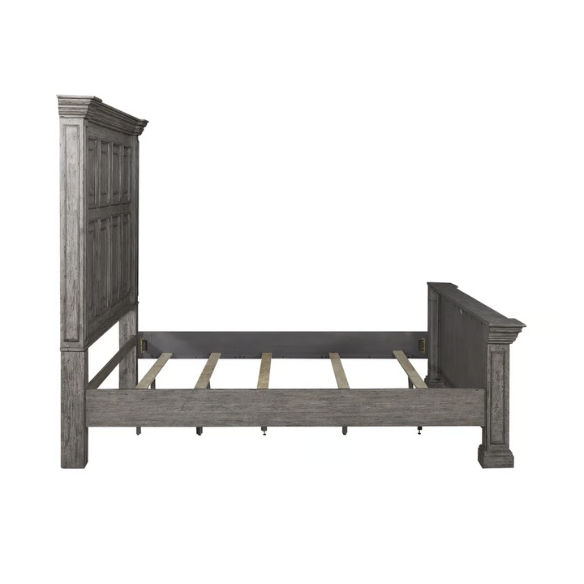 4-Piece Panel Bed, Dresser, Mirror & Nightstand Set with Antique Pewter Accents and Charging Station – Distressed Whitestone Finish, Rubberwood Solids, and Architectural Det