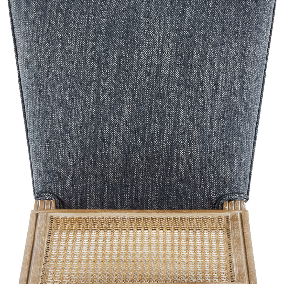 French Country Wood and Cane Upholstered Dining Chairs – Weathered Rubberwood Frame with Fluted Legs & Rectangular Cane Backrest