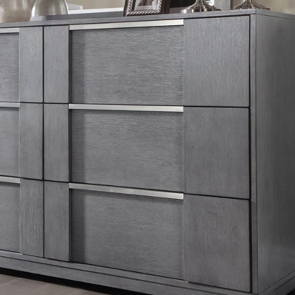 Modern 5-Piece Grey Wood Storage Platform Bedroom Set with LED Headboard Lights and Dovetail Drawers