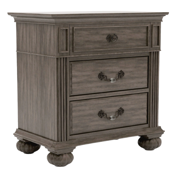 Elegant Traditional 5-Piece Grey Wood Poster Bedroom Set with Fluted Columns, Carved Floral Accents, and Bell-Shaped Headboard