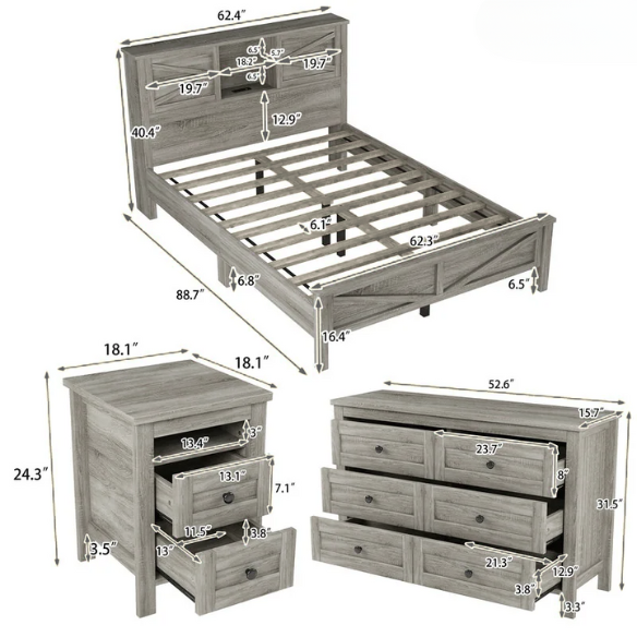 3-Piece Farmhouse Queen Bedroom Set – Platform Bed with Sliding Door Storage Headboard and Charging, Nightstand, and Dresser – Modern Design with Ample Storage