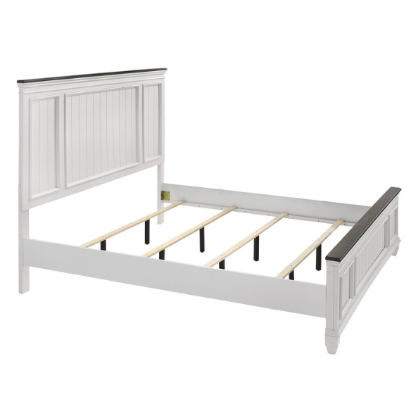 Modern Farmhouse 5-Piece Wood Bedroom Set with Shiplap Detailing, Weathered White Finish, and Black Finished Hardware