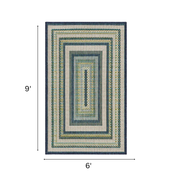 Coastal-Inspired Geometric Rug – Fade & Stain-Resistant,Ivory,Green,Blue Pattern, Ideal for Indoor/Outdoor Use