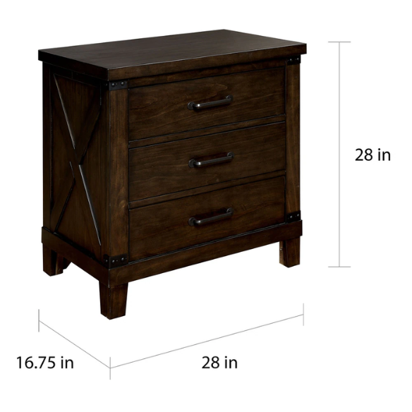 Rustic Dark Walnut 2-Piece King Size Panel Bed and Nightstand Set with X-Shape Accents and Metal Corners