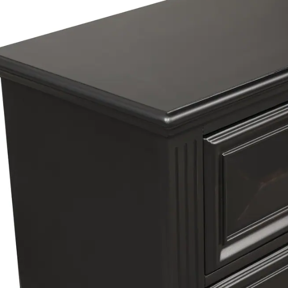 4-Piece Vintage Black Wood Panel Bedroom Set with Distressed Parchment Finish – Traditional Elegance with Silver Accents, Beveled Drawer Fronts, and Brass Rosette Knob Hardware