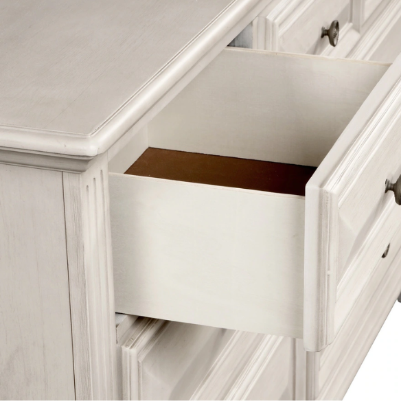 Distressed Parchment Wood Queen Bedroom Set – Elegant Silver Accents, Fluted Pilasters, and Beveled Drawer Fronts for Timeless Charm