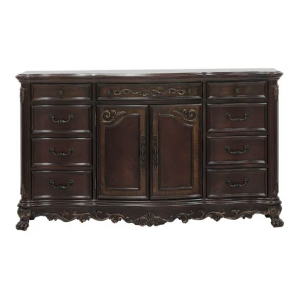4-Piece Configurable Bedroom Set with Solid Cherry Wood Construction, Antique Walnut Veneer, Crown Molding, Carved Claw Feet, and Ample Storage - Includes Bed, Dresser, Nightstand, and Matching Mirror
