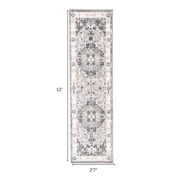Distressed Oriental-Inspired Indoor Rug – Gray, Silver & Ivory Medallion Pattern, Stain-Resistant, Fade-Resistant, Perfect for Traditional & French Country Décor
