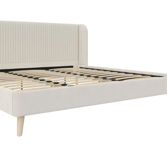 King Size Upholstered Wingback Platform Bed – Luxe Velvet Headboard with Vertical Tufting, Mid-Century Modern Design, and Space-Saving Wooden Frame