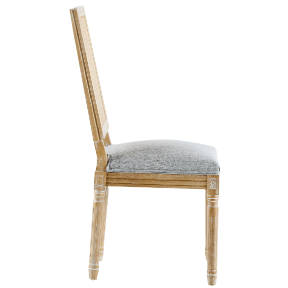 French Country Wood and Cane Upholstered Dining Chairs – Weathered Rubberwood Frame with Fluted Legs & Rectangular Cane Backrest