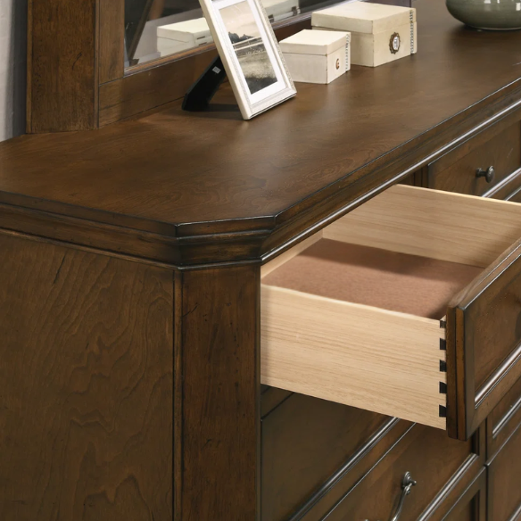 Classic Traditional Wood Queen Panel Bed with Dresser, Mirror, and Two Nightstands in Antique Walnut Finish
