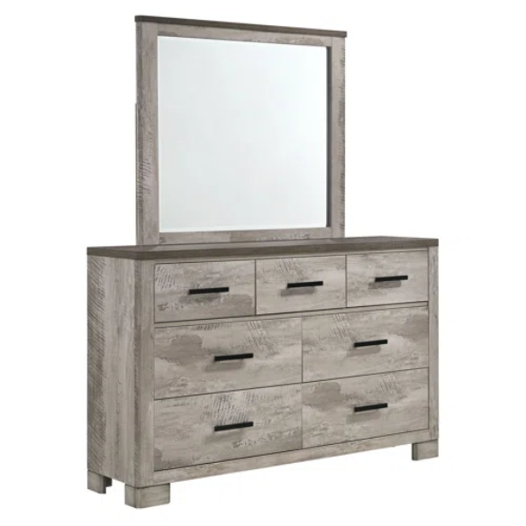 Coastal Farmhouse-Inspired King Size Bedroom Set: Distressed Whitewash Finish with Natural Brown Accents – Includes Platform Bed, 2-Drawer Nightstand, 7-Drawer Dresser with Mirror, and Optional 5-Drawer Chest for Complete Storage Solution