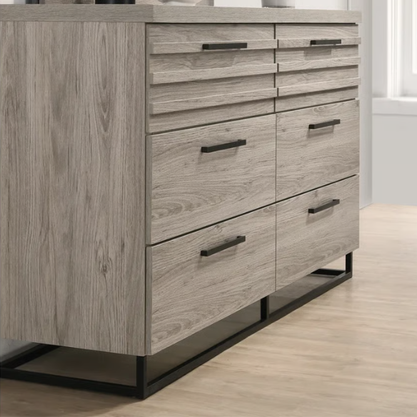 Upholstered 5-Piece Bedroom Set with Weathered Gray Finish, LED Piers, and Functional Storage