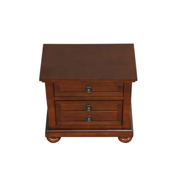 Cherry Brown King Size Platform Bedroom Set with Real Wood Veneers, Full Extension Footboard Storage Drawers, and Matching Large-Scale Dressers, Nightstands, and Mirror