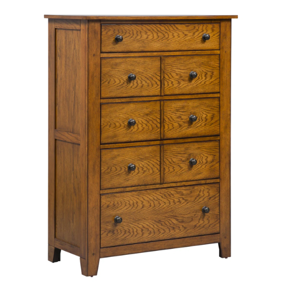 Rustic American Elegance: Sleigh Bed, Dresser & Mirror, Chest – Crafted with Rubberwood Solids & Oak Veneers, Featuring Antique Brass Hardware, Dovetail Construction, and Ample Storage for a Timeless, Durable Bedroom Collection