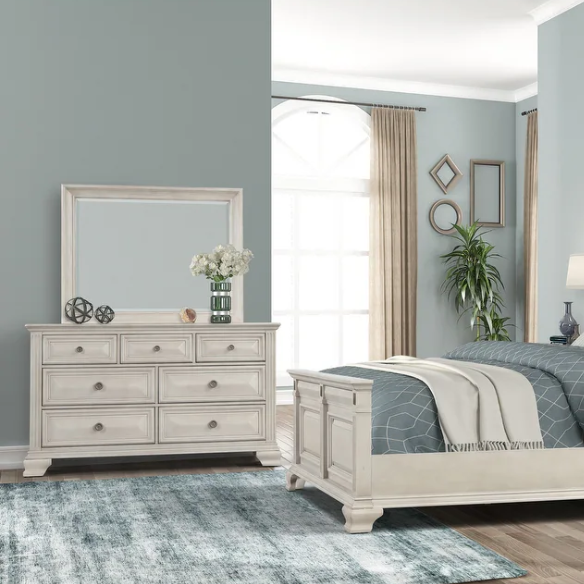 Distressed Parchment Wood Bedroom Set with Panel Bed, Dresser, Mirror, and Nightstand, Featuring Silver Accents and Fluted Pilasters