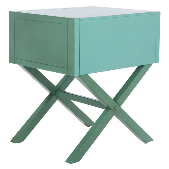 1-Drawer Nightstand – Classic Campaign Style with Contemporary Chic, Acacia Wood Frame, Cross-Base Design, Bold Finish, Gold Drawer Pull, Perfect for Modern Bedrooms
