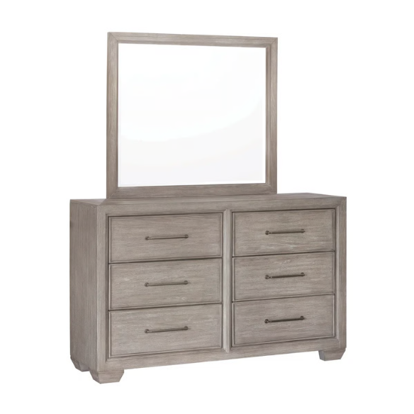 6-Piece Gray Wood Bedroom Set with Upholstered Panel Bed, Dresser, Mirror, 2 Nightstands, and Chest – Elegant and Timeless Design